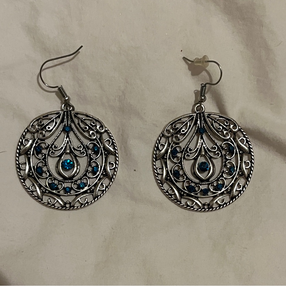 Silver Fashion Round Drop Earrings with Small Blue Rhinestones
